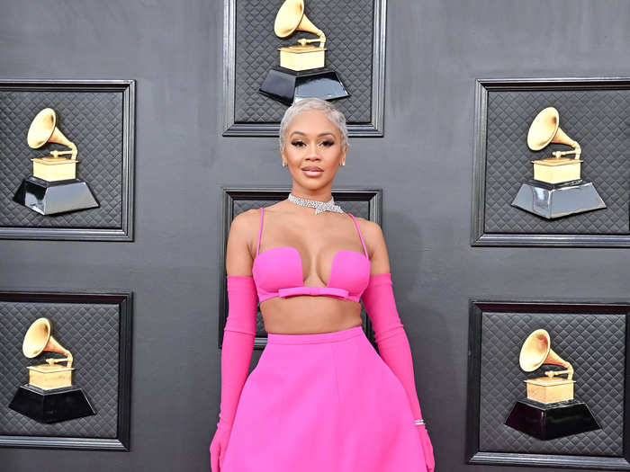 Saweetie wore a custom Valentino two-piece look at the 2022 Grammys.