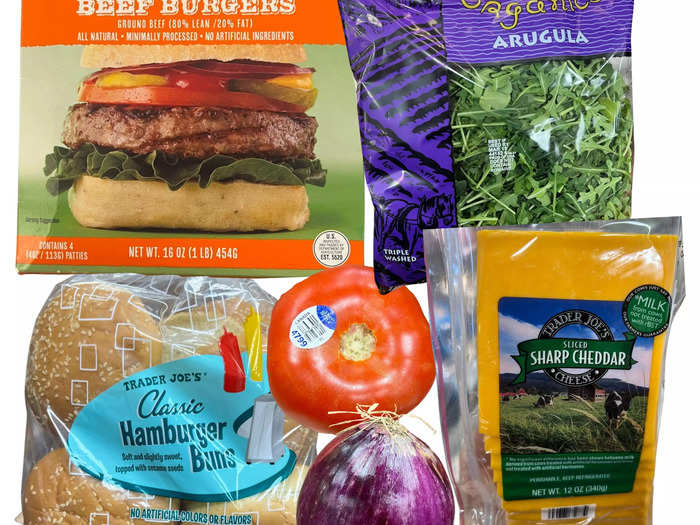 Create an optimized meal with burgers and sweet-potato fries.