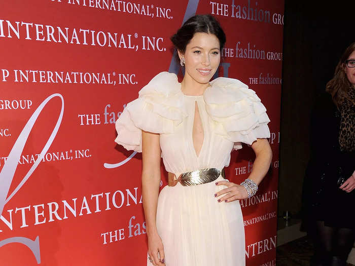 Biel went for lots of ruffles in this pastel gown at a 2011 red carpet event.