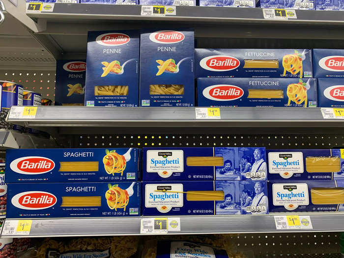 Pasta is around 2 cents less per ounce at Dollar General, too.