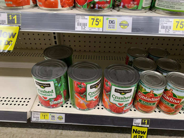 Cans of crushed tomatoes work out about the same, to about 0.3 cents cheaper per ounce at Dollar General.