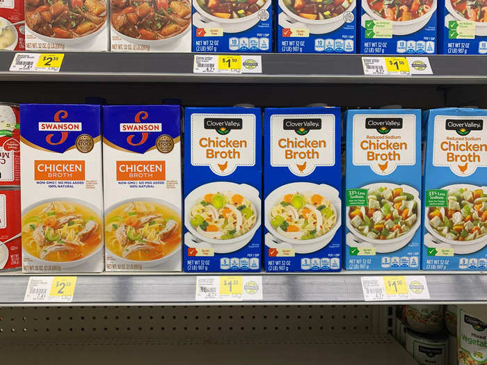 Chicken broth is slightly cheaper at Dollar General by fractions of a cent per ounce, which could add up if you buy large quantities.