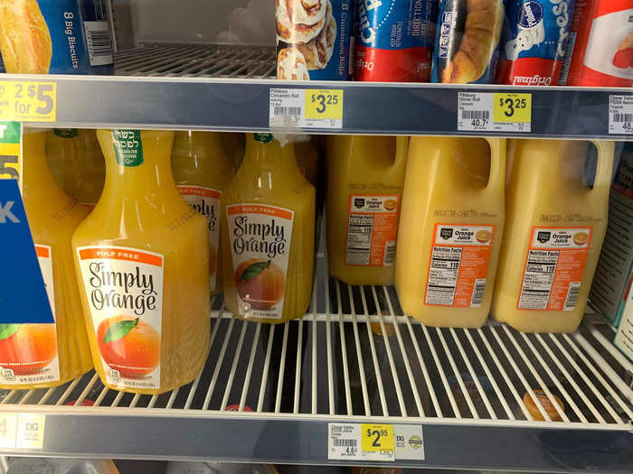 A half gallon of orange juice is about 35 cents cheaper at Dollar General.