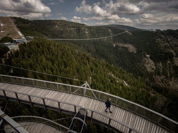 Sky Bridge 721 hangs over a valley connecting two mountains in the Northeast of the Czech Republic, near the country