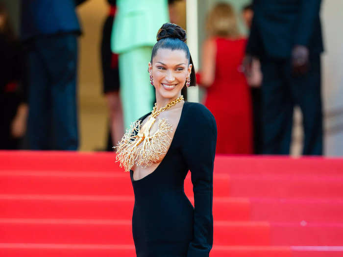 Bella Hadid wore a gold lung-shaped necklace by Schiaparelli as a top in 2021.