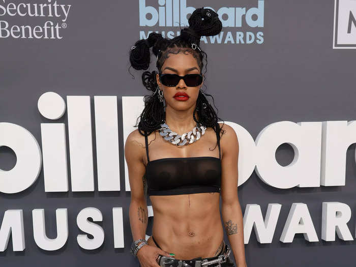 Teyana Taylor channeled biker chic in a black bra and leather pants.