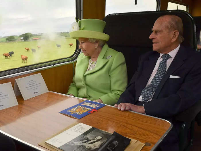 The Queen and Prince Philip traveled by steam train from Coleraine Railway Station to Bellarena Railway Station, Northern Ireland, in June 2016.
