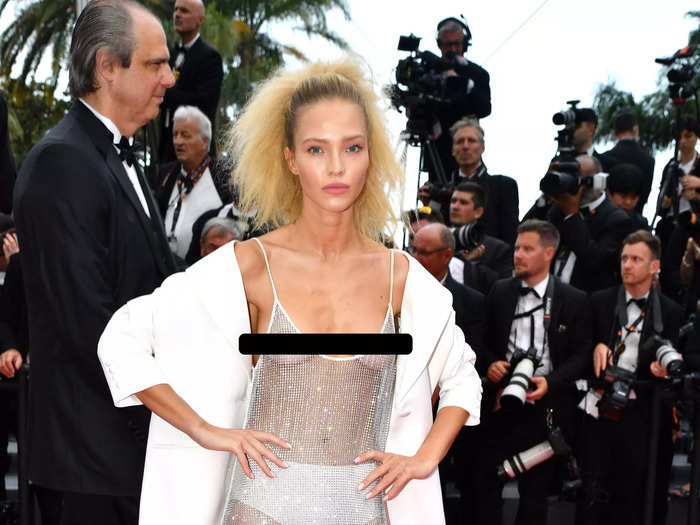 Sasha Luss also went with a see-through dress for her red-carpet look.