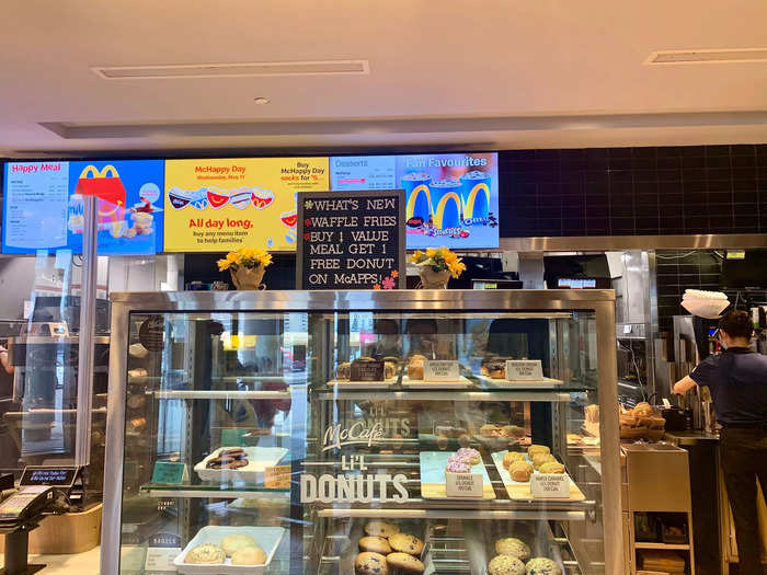 Baked goods including muffins and doughnuts get highlighted in a display case right near the register, so they