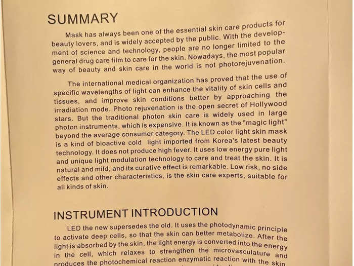 The manual also referenced closing your eyes while using the mask because the lights can hurt your eyes, the company confirmed to Insider.