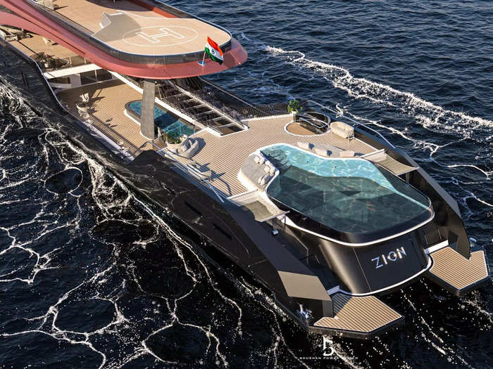 The vessel has a flybridge which the design firm said provides high visibility and serves as a prime location for lounging. Each level of the ship is connected by an all-glass elevator.