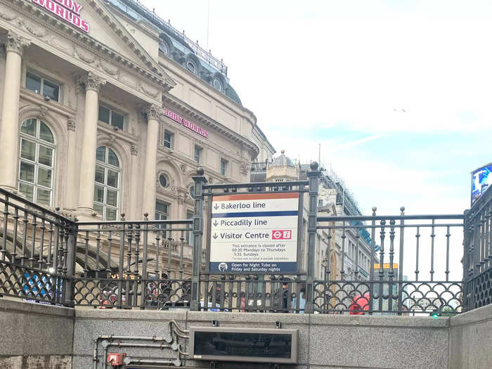 The tour started at Piccadilly Circus station in central London. The station has seven street entrances, where commuters descend a small flight of stairs to reach the main ticket hall.