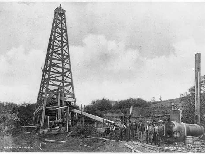 Drillers set off the first-ever gusher in April 1861, sending 3,000 barrels per day up into the air before an explosion and fire killed 19 people and burned for three days.