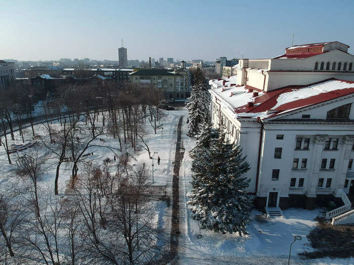 Before: This January 27 photo shows the Donetsk Academic Regional Drama Theater, in the center of Mariupol, prior to the Russian bombing on March 16.