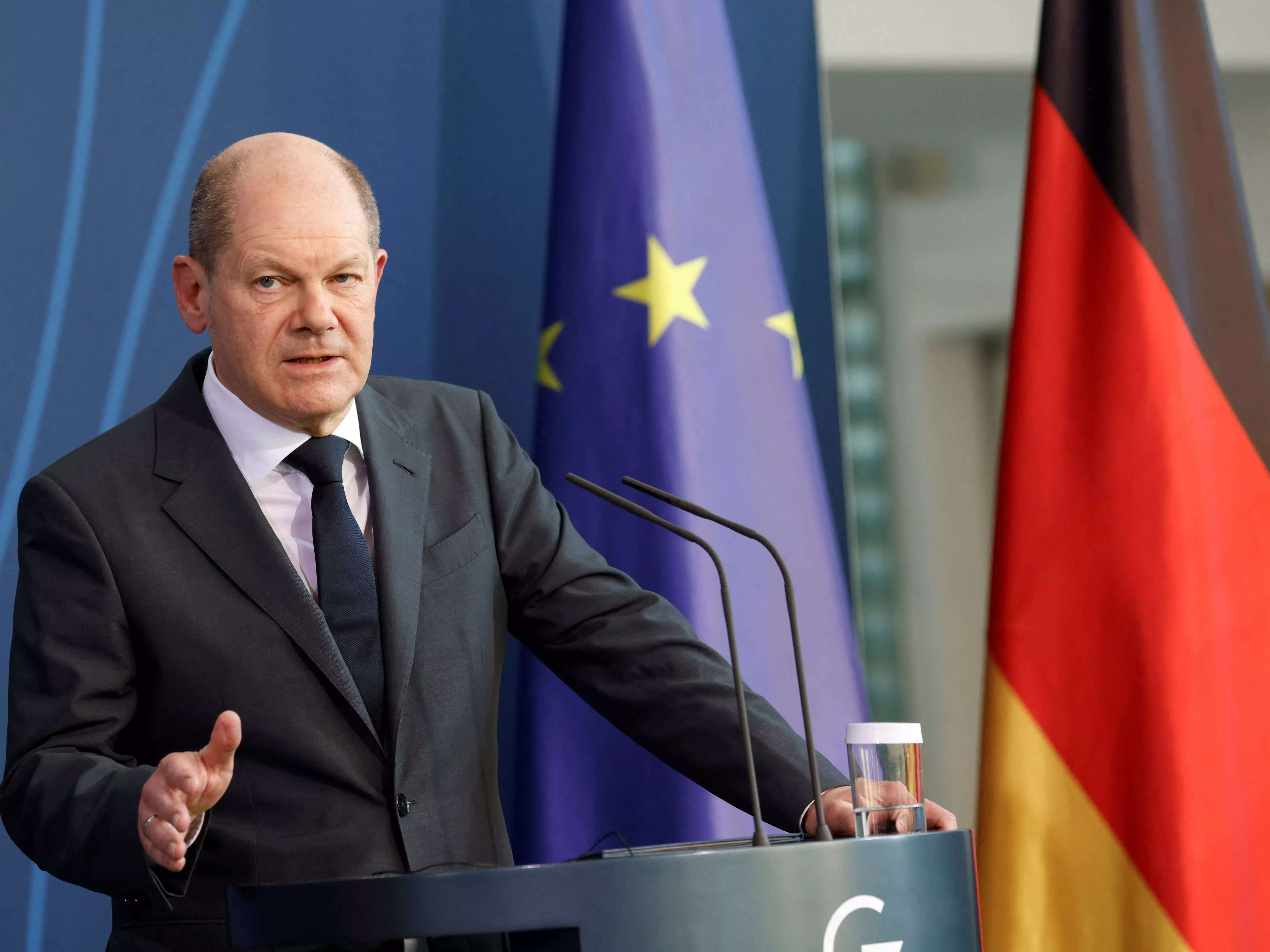 German Chancellor Olaf Scholz addresses the media during a joint statement with European Parliament President Roberta Metsola at the Chancellery in Berlin, Germany, Tuesday, March 22, 2022.