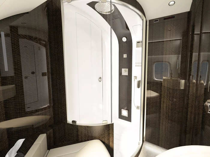 Attached to the bedroom is an ensuite bathroom with a wardrobe, a vanity table, a standing shower, and access to the luggage compartment at the back of the plane.