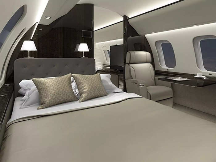 Probably the most impressive room on the plane is the bedroom, which includes a full-size bed, a large closet, a 32-inch TV, storage tables, and loungers.