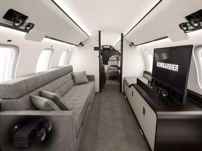 Meanwhile, the entertainment suite features a three-person couch, and large 4K TV, storage space, and Bombardier