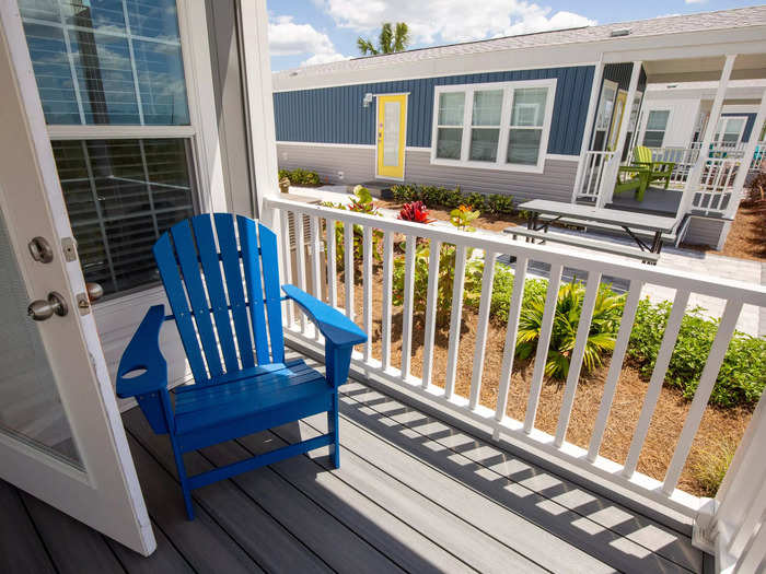 These tiny homes can sleep up to six people and have the luxury of air conditioning, televisions, and a connected back deck. Think of it as an Airbnb on an RV resort.