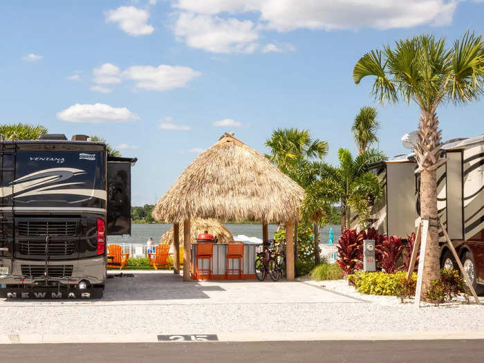 … while the premium sites have all of the above plus a "tiki hut," an outdoor television, lounge chairs, and a hammock.