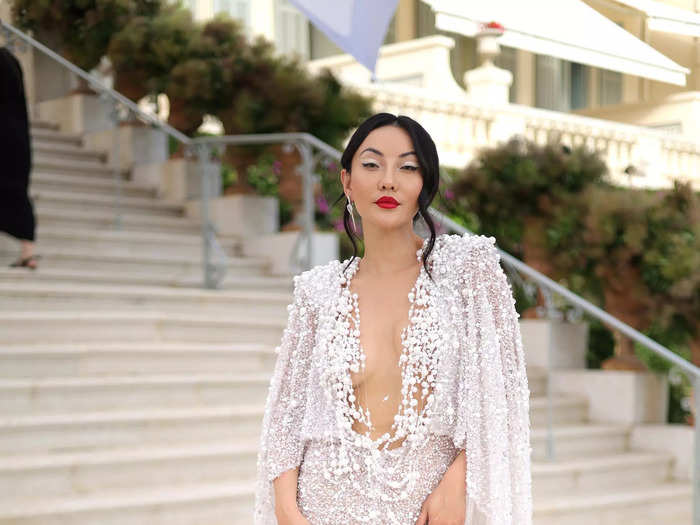 Jessica Wang looked stunning in a semi-sheer, pearl-embellished gown.