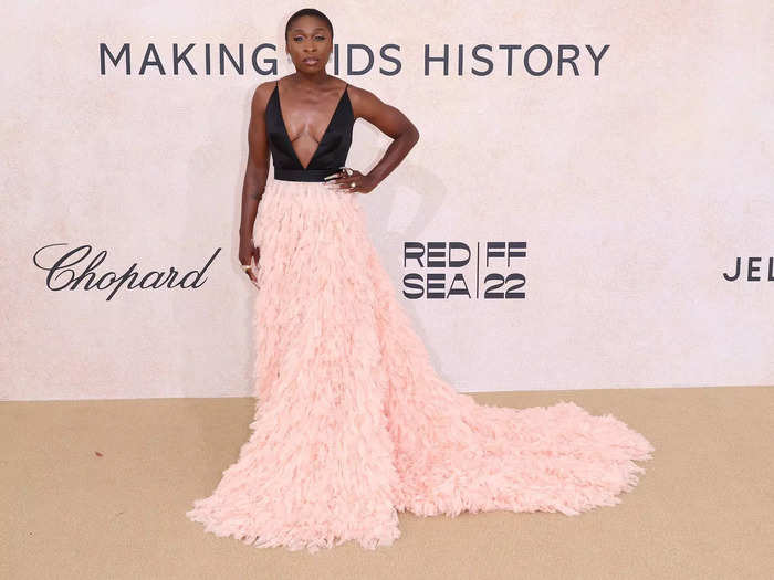 Cynthia Erivo chose black and pink for her red-carpet look.