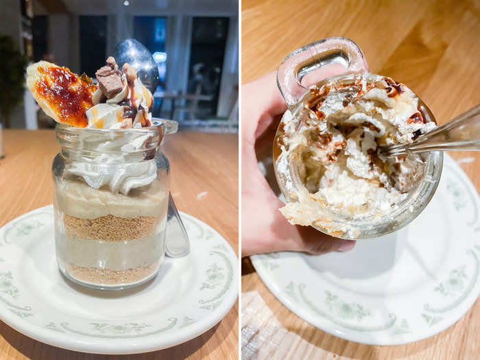 The dessert at The Mason Jar was also unique. Called "Gone Bananas!," it included layers of vanilla pudding, graham cracker crumbs, and roasted bananas with whipped cream and toffee on top.  It was fluffy, light, and had a rich banana flavor. It was the perfect ending to my favorite meal of the trip.