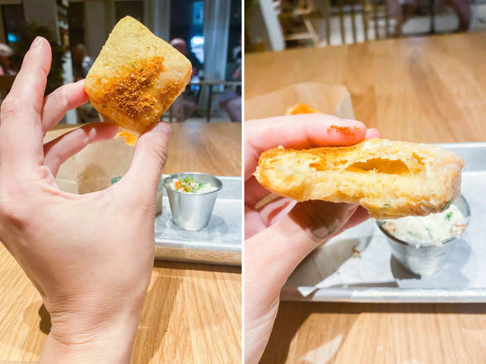 To start, I ordered the crab beignets. They were the perfect texture — soft and fluffy with a hard outer layer. The crab flavor was subtle with cinnamon on top for an interesting twist. The accompanying crap dip was refreshing, too.