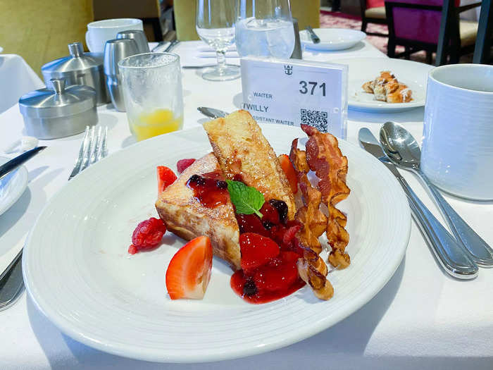 At breakfast, the main dining room served thick french toast that was crispy on the outside and fluffy on the inside. A delicious berry sauce on top paired nicely with maple syrup. This was my favorite breakfast of the whole trip.