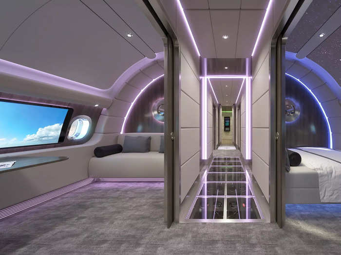 Overall, the concept is designed for up to 12 VIP guests but can be modified for up to 47 passengers.