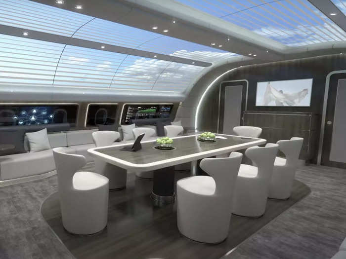 Onboard, customers will find large, open rooms with plenty of seating and workspace. Specifically, the main lounge in the center of the jet features a long table that can double as a dining room or conference area.