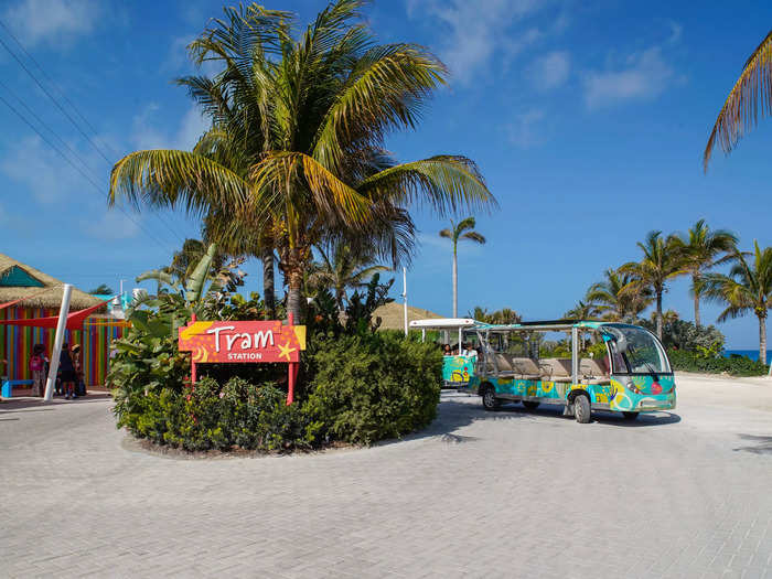 To get around, walk or ride a free tram to different parts of the island.