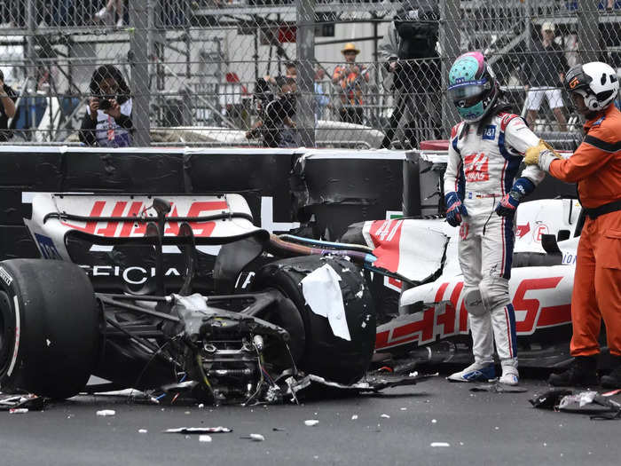 Mick Schumacher split his car in half but appeared to be OK in the one bad wreck of the day.