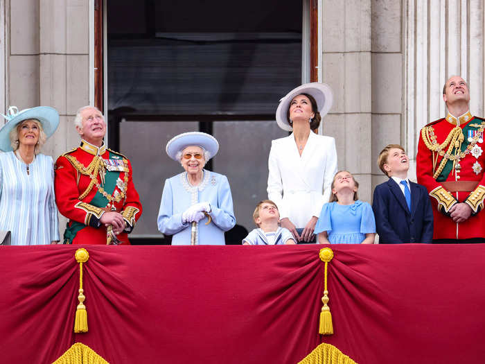The royal family enjoyed the RAF fly-past, a display featuring 70 military aircraft from across the UK Armed Forces soaring over Buckingham Palace.