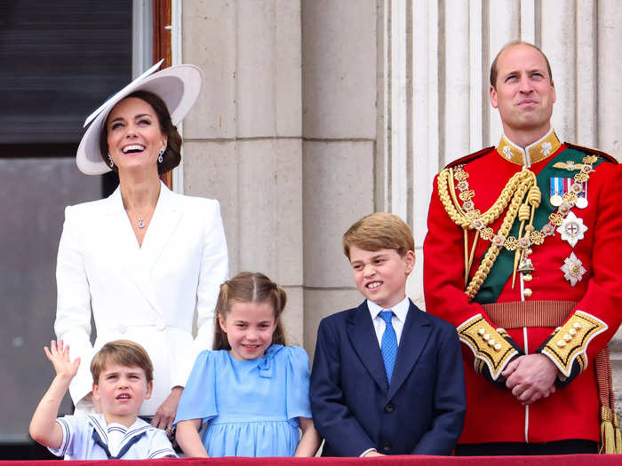 Kate Middleton and Prince William, the Duke and Duchess of Cambridge, were seen enjoying the Royal Air Force flyover with their three children, Prince George, Princess Charlotte, and Prince Louis.