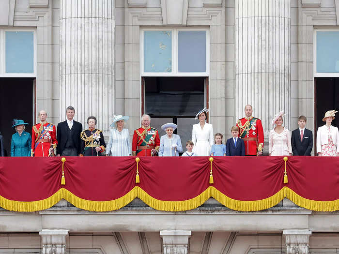 Later on, the Queen emerged with working royals on the balcony at Buckingham Palace as well as some of the royal grandchildren.
