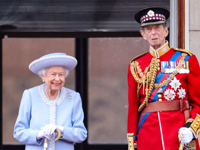 The Queen and Prince Edward, Duke of Kent, were the first royals to step out onto the balcony at Buckingham Palace.