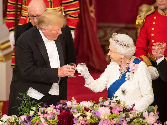 Queen Elizabeth also met with President Donald Trump. The two shared a toast during a State Banquet at Buckingham Palace on June 3, 2019.