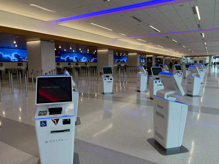 For check-in and bag drop, passengers can use one of the 49 self-service kiosks or visit a customer service agent.