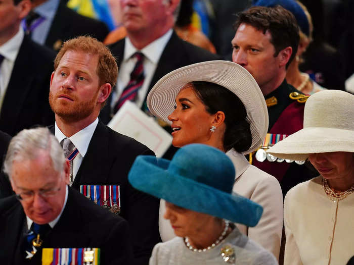 The Sussexes, who arrived in the UK earlier this week with their children Lilibet and Archie, looked on as the service began inside the cathedral.