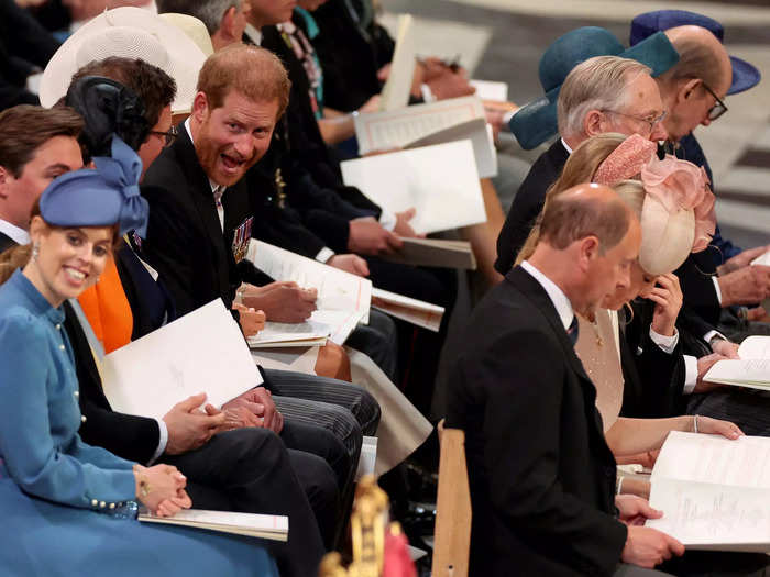 Harry was seemingly spotted joking around inside the cathedral, where he was seated in the same row as his cousins, Princesses Beatrice and Eugenie.