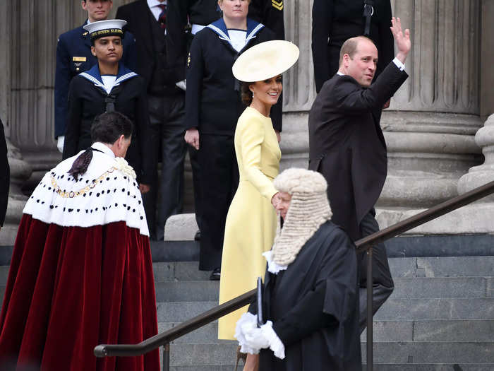 The Duke and Duchess of Cambridge, who arrived separately, also waved to crowds as they entered the cathedral ahead of the service.