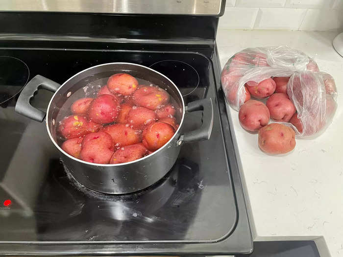 Next, boil the red potatoes until they