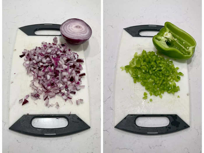 Dice the green bell pepper and red onion.