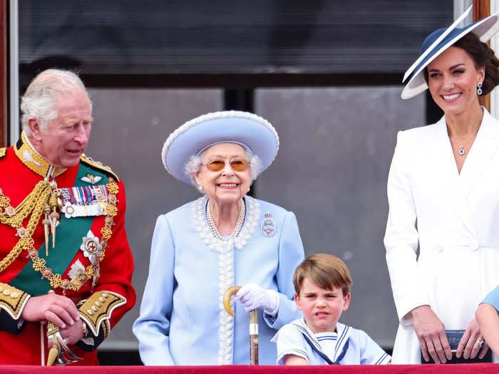 Her Majesty wore the same outfit the following day at Trooping the Colour for her 96th birthday and the start of her jubilee celebrations.