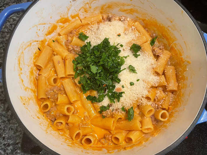 I then took my pasta off the heat and stirred in the parsley, plus half a cup of Parmesan cheese.