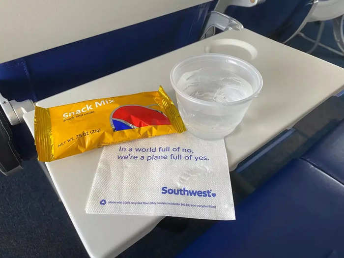 Snacks change throughout the year, but passengers can expect things like peanuts, almonds, or pretzels. Southwest does not offer any buy-onboard food options and only water is served on routes shorter than 175 miles, like Baltimore to Norfolk or Austin to Houston.