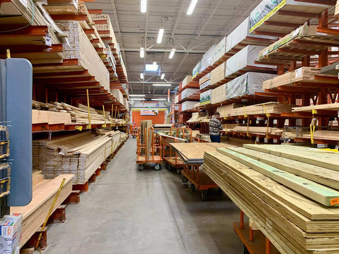 The far end of the store seems more oriented towards contractors and other home improvement professionals, with aisles containing piles and piles of wood.