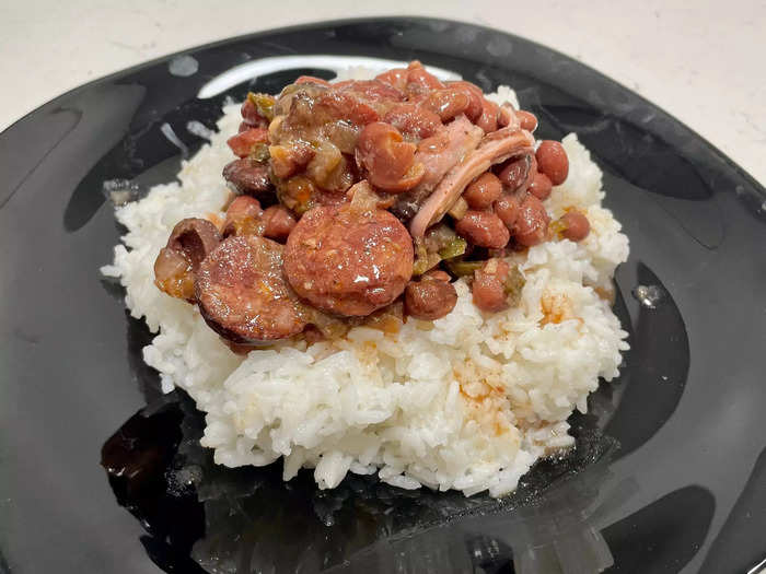 After eight hours, the red beans were creamy and I added them to a bed of white rice.