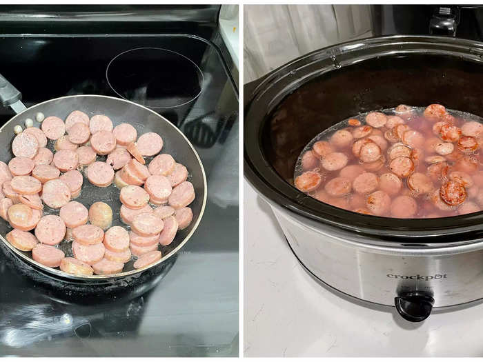 Cook the chicken sausage in a skillet and add it to the slow cooker.